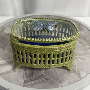Vintage Green Metal Jewelry Box with Butterfly Accent Velvet Blue Interior Decor